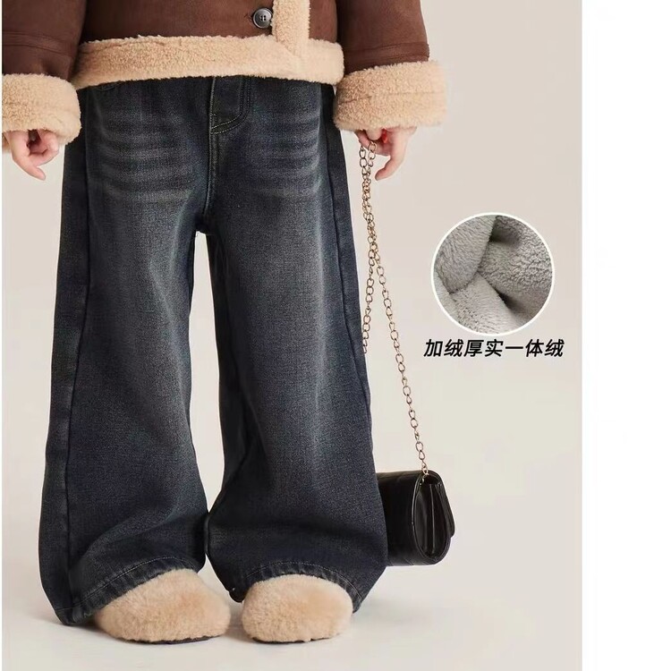 加厚直筒新款裤子阔腿背带裤儿童牛仔裤2023年秋冬季高腰休闲外穿