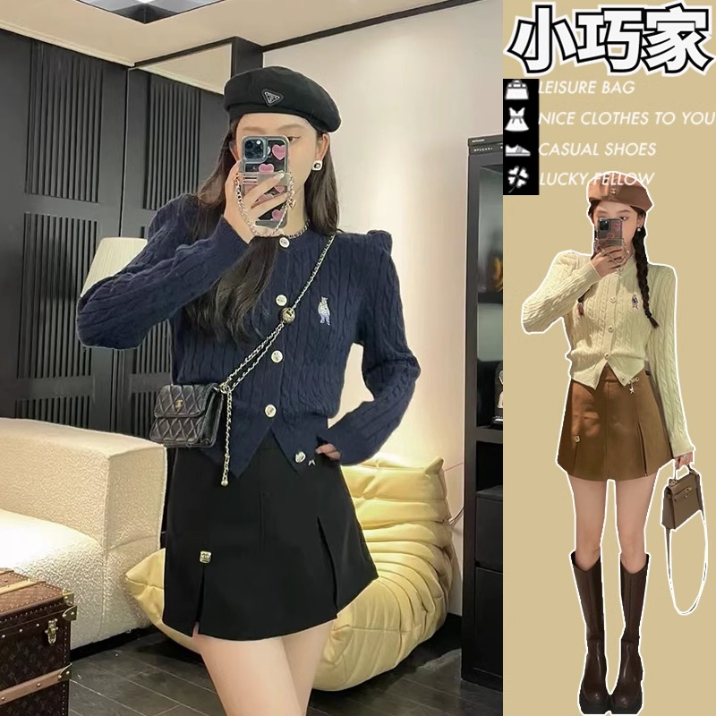 秋冬季新款纯色POLO领长袖开衫小熊刺绣小众设计感针织衫上衣女