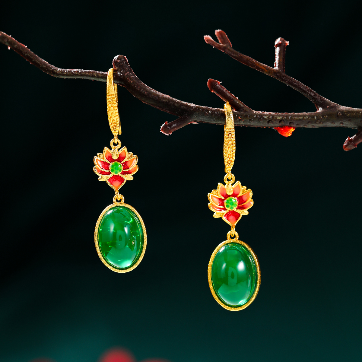 铜合金合成锆石耳饰 女金色植物花卉耳环耳钩国风百搭古典气质