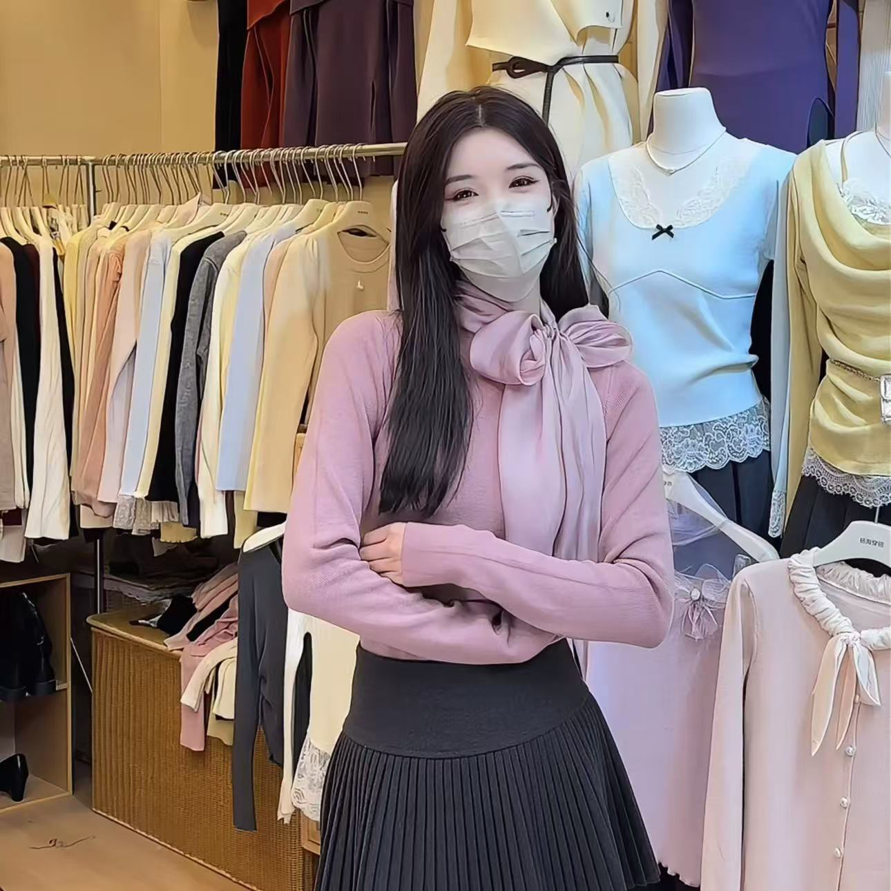 韩版设计系带蝴蝶结气质优雅针织衬衫秋冬新款富家千金感显瘦上衣