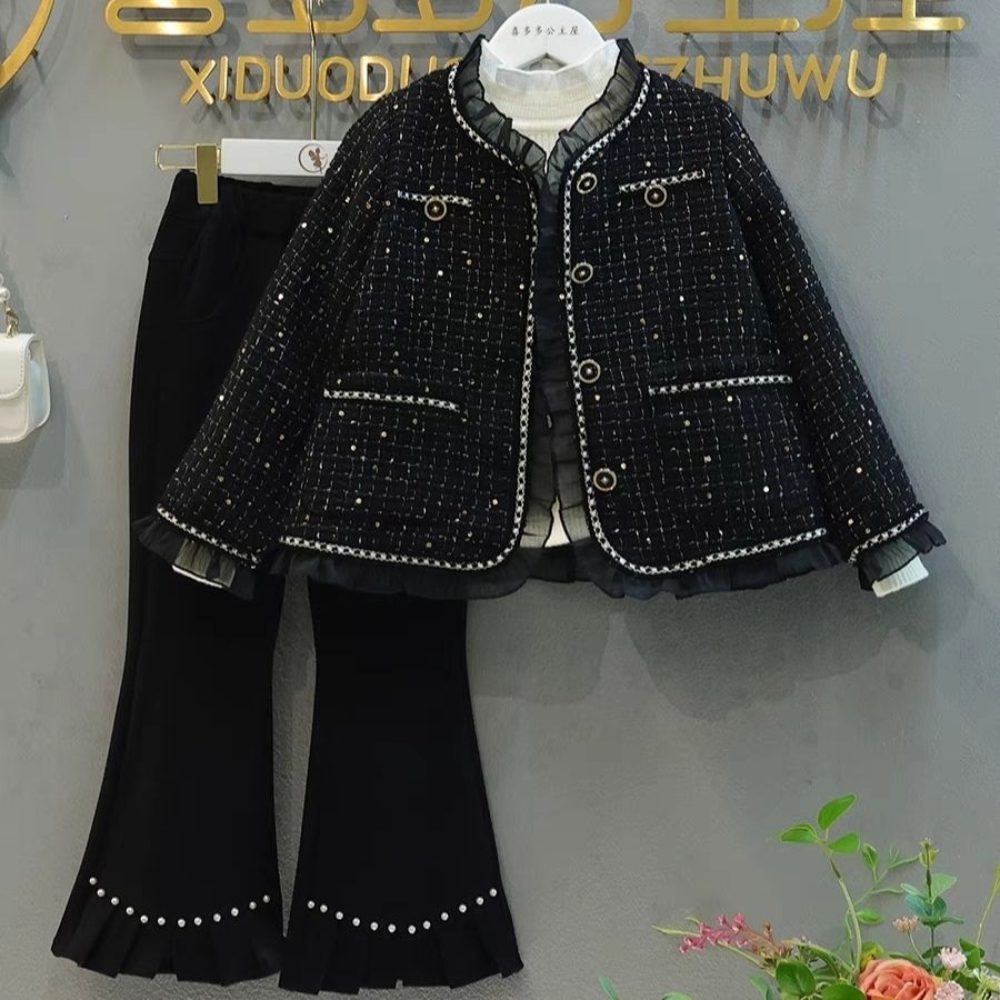 女童小香风秋冬套装2023新款中大儿童女宝洋气外套喇叭裤两件套潮