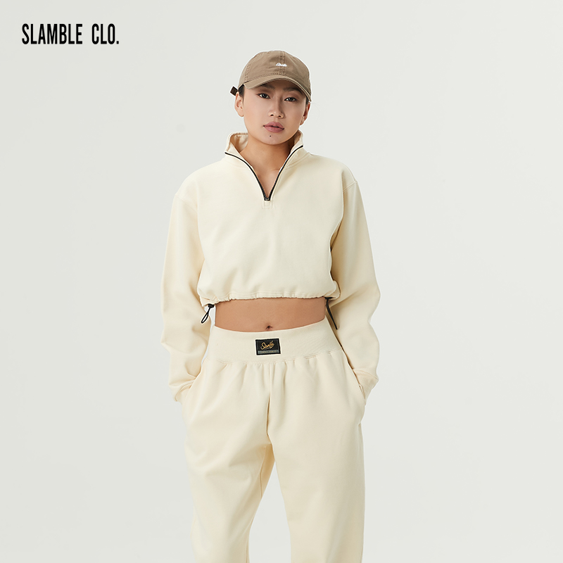 SLAMBLE秋季新款拉毛绒布外套短款休闲运动女子半拉链运动卫衣