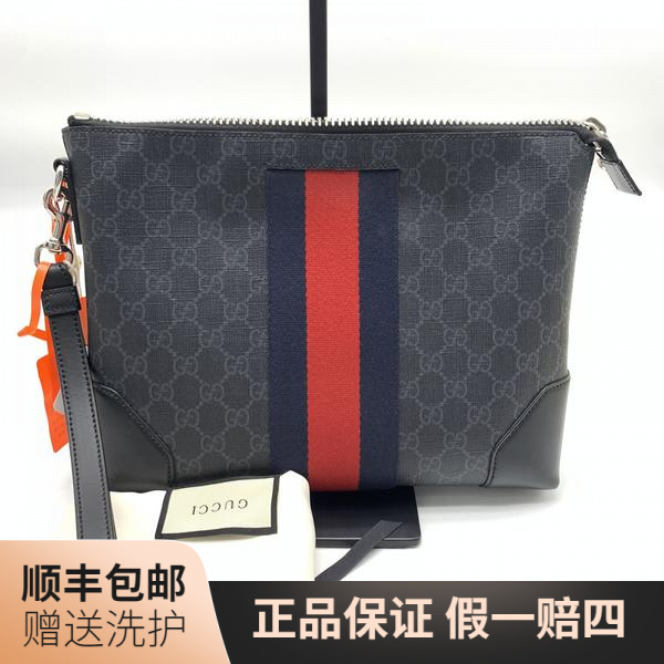 99新 GUCCI/古驰 古驰黑老花手拿包（藏青拼红）/10017963