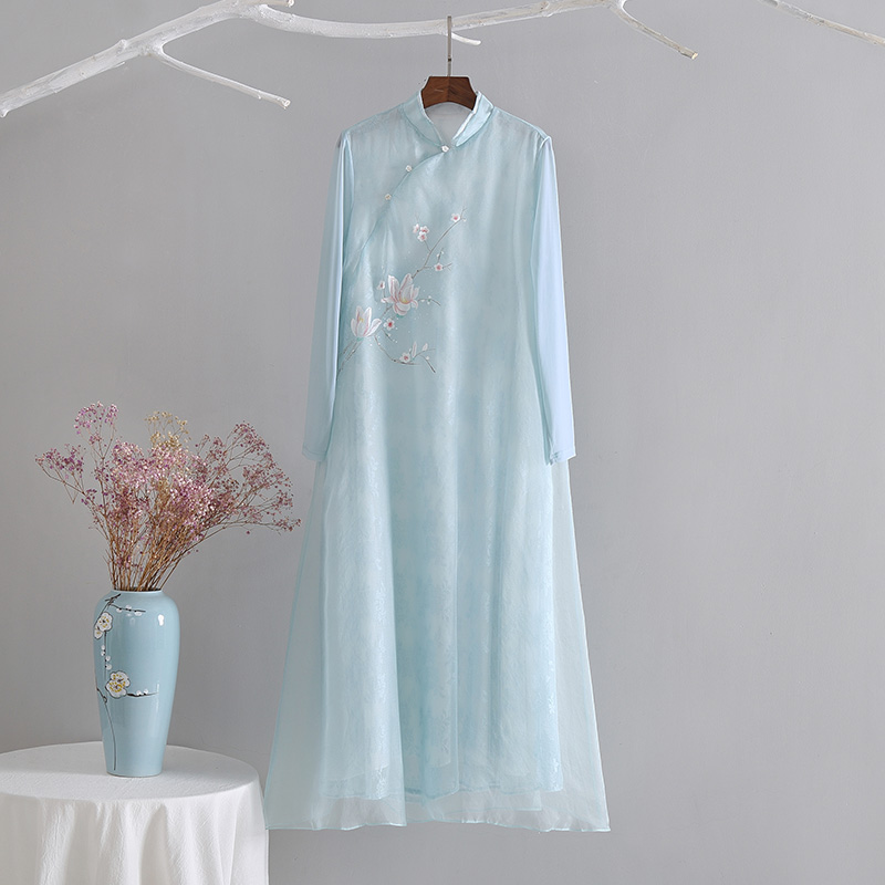 翰墨云汐春夏新款民族风复古手绘连衣裙女中国风立领九分袖大摆裙