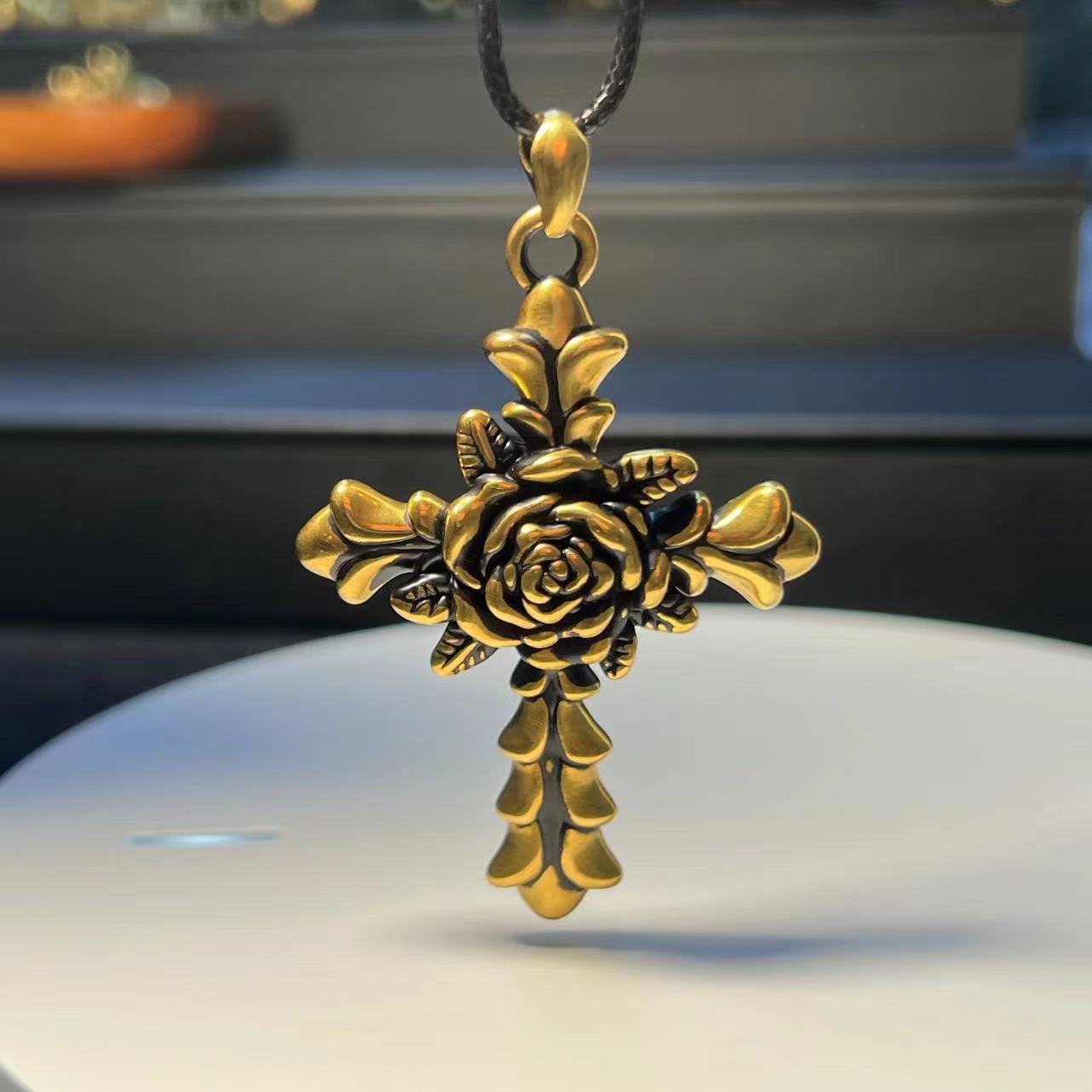 #142【足金999玫瑰十字架】黑金吊坠（不带链）#精品黑金工艺#