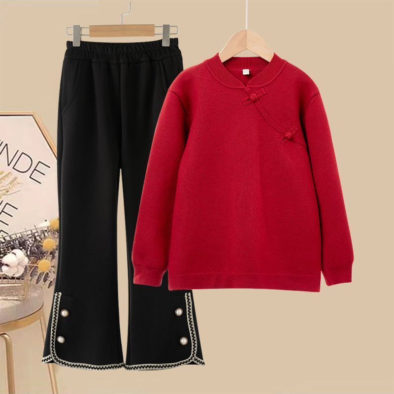 女童小香风套装秋冬中大童女孩过年红色国风毛衣加绒喇叭裤儿童装