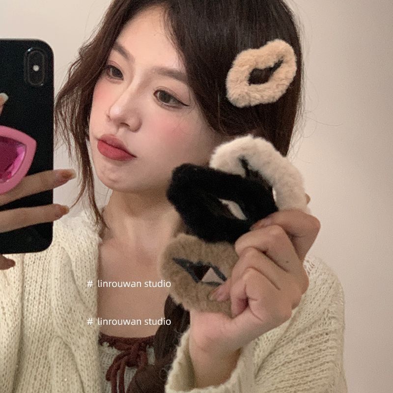 栗子奶糖 秋冬毛绒云朵碎发bb夹女后脑勺优雅气质刘海侧边夹头饰