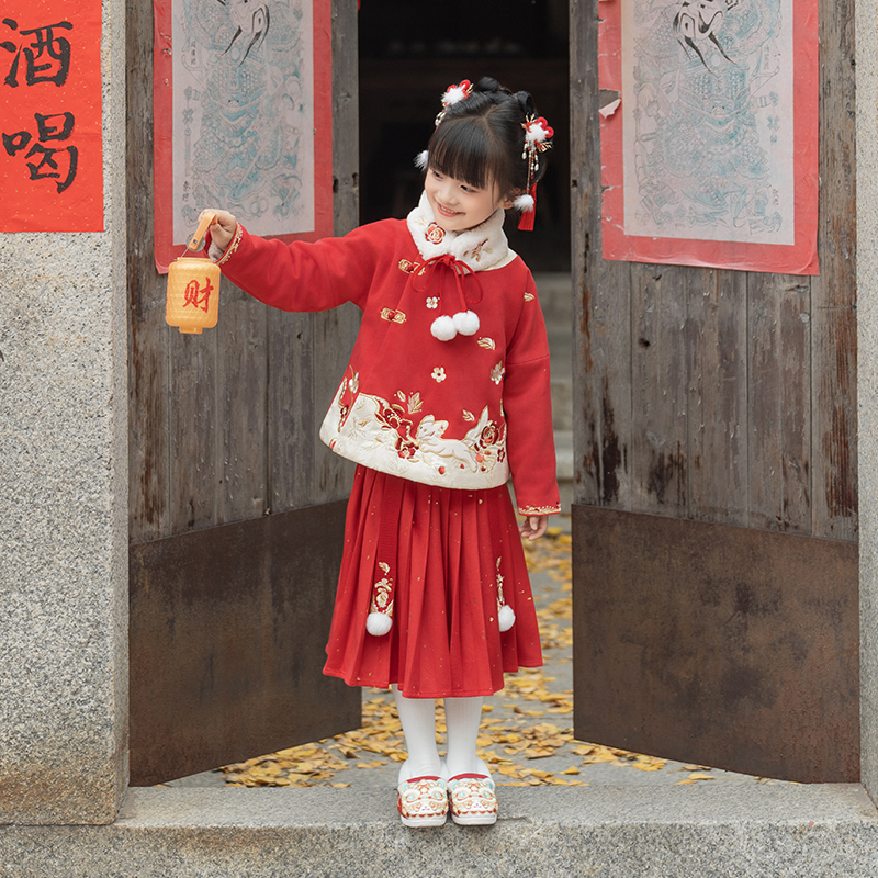 西子问女童汉服【舒棠】国风冬季明制拜年服套装宝宝喜庆周岁礼服