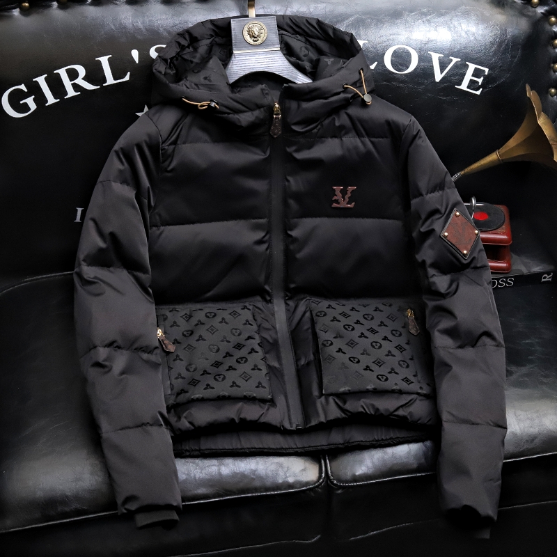 冬季高端连帽短款羽绒服男装潮流提花加厚白鸭绒保暖外套青年上衣