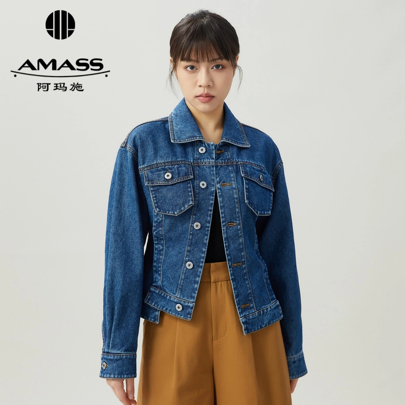 阿玛施AMASS新款女装复古休闲丹宁风短款造型牛仔夹克外套5400759
