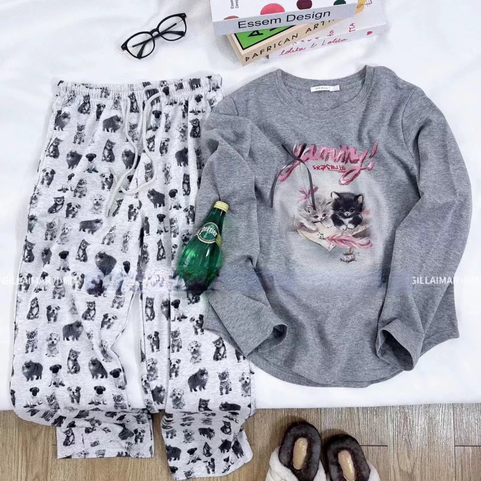 睡衣女冬季新款纯棉长袖长裤甜美可爱设计感家居服套装（慵懒猫咪）