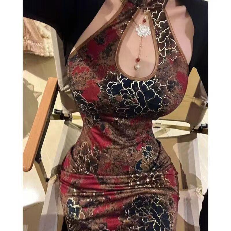 清仓【金玉满堂】弹力印花烫金修身性感网红收腰挖肩改良新中式旗袍