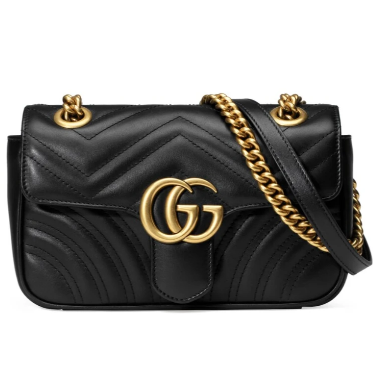 99新 GUCCI/古驰 经典黑色金标双G马蒙22链条包单肩包翻盖口盖包