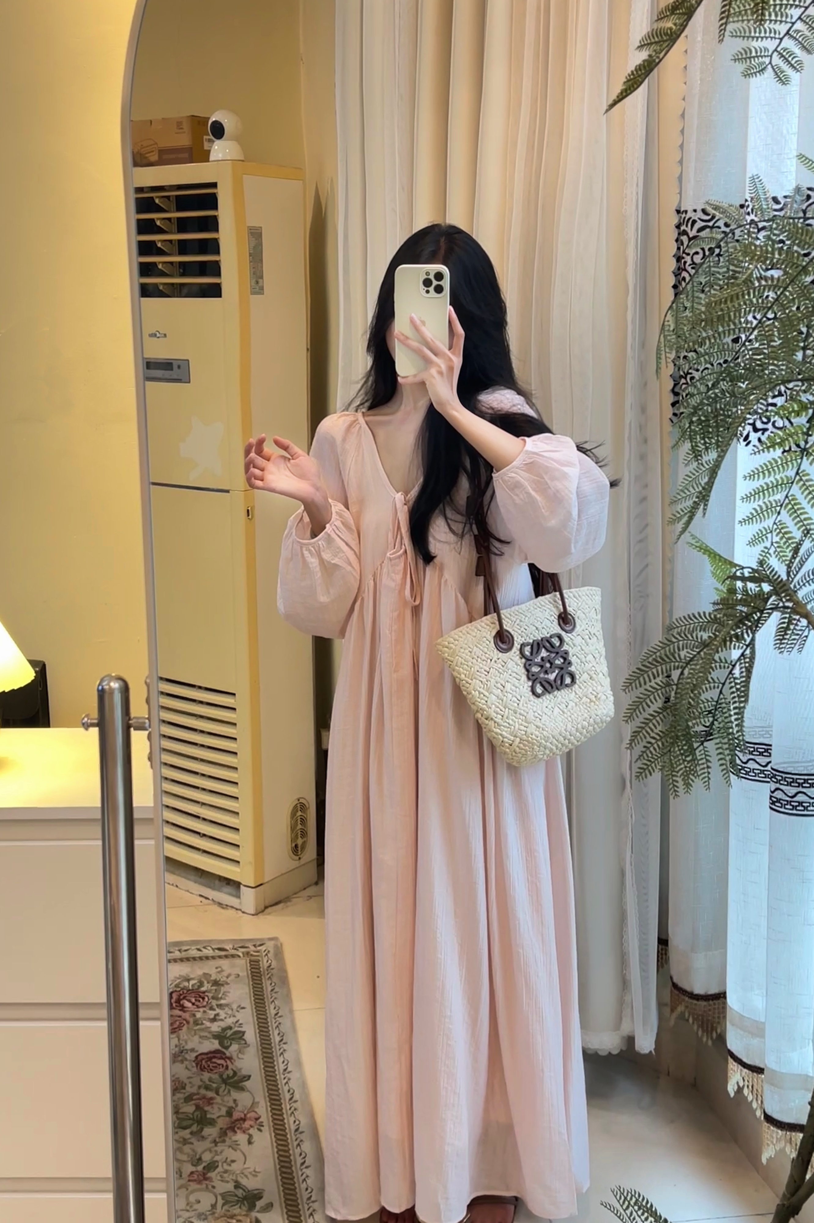 【ROUROU】庄园日记｜专属温柔风圆领宽松褶皱泡泡袖粉色连衣裙