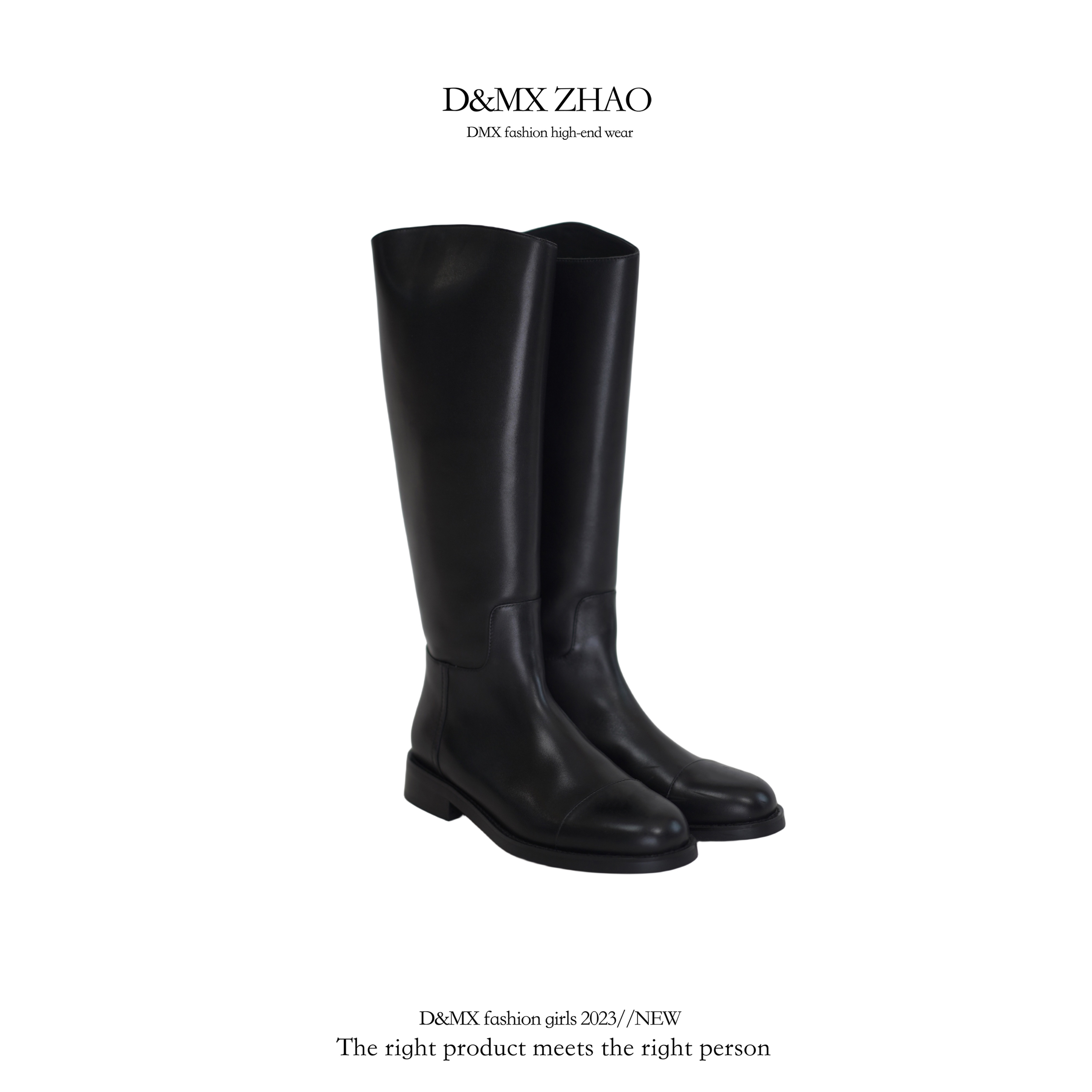 D&MX【山茶】1001女生秋冬新款圆头刺绣后拉链真皮骑士时装靴粗跟