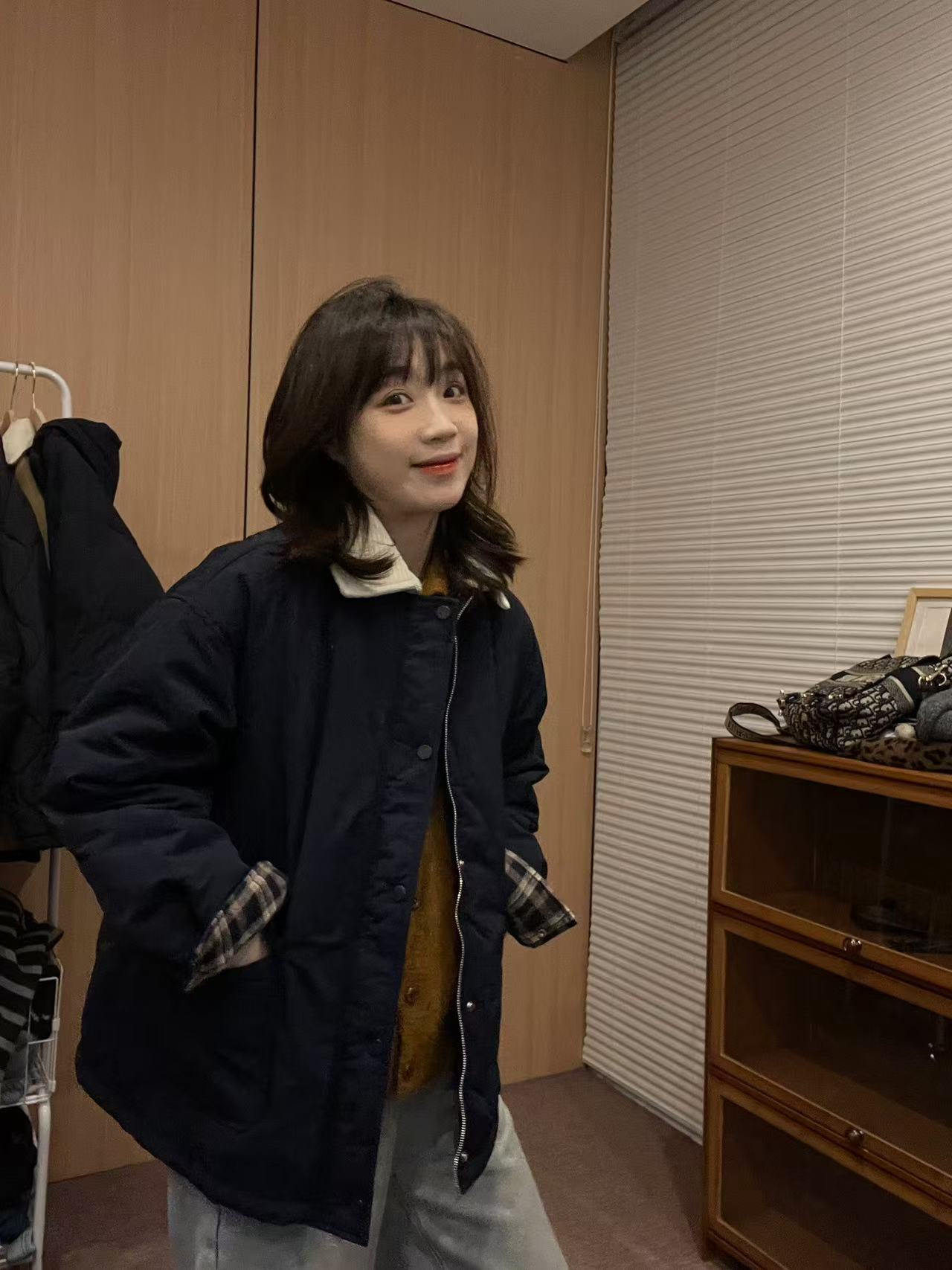 Sevbasks 七七家韩版 藏青棉感拼接灯芯绒领格子拼接宽松棉外套