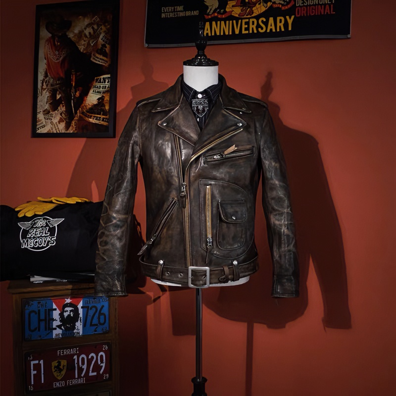 重磅硬汉做旧擦色J22茶芯牛皮斜拉皮衣J24夹克修身男机车复古真皮