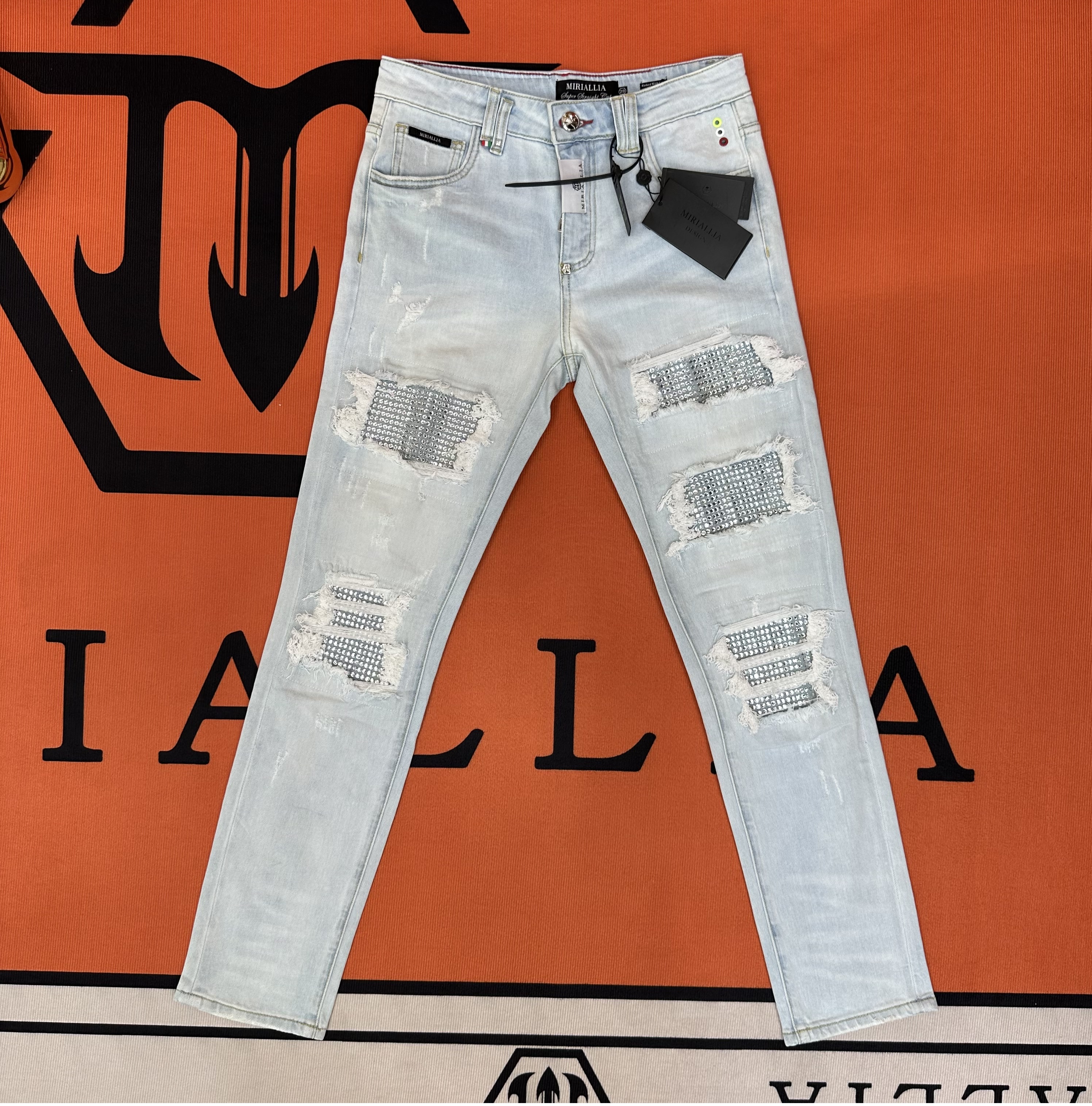 MIRIALLIA高奢定制夏季破洞烫钻M8850冰川蓝修身时尚潮流款牛仔裤