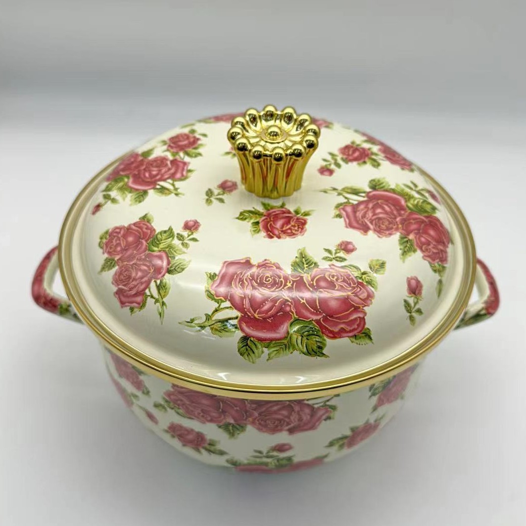 【252】24CM金玫瑰幸福汤锅炖煮蒸一体锅加厚珐琅搪瓷炖锅