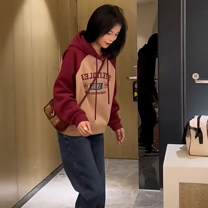 Boxiviilla韩版加绒加厚红色连帽卫衣女士秋冬小个子休闲长袖上衣