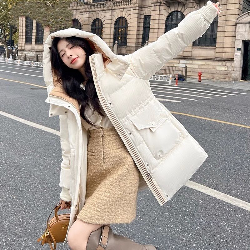羽航之家羽绒服女中长款连帽收腰鸭绒加厚保暖XB3328