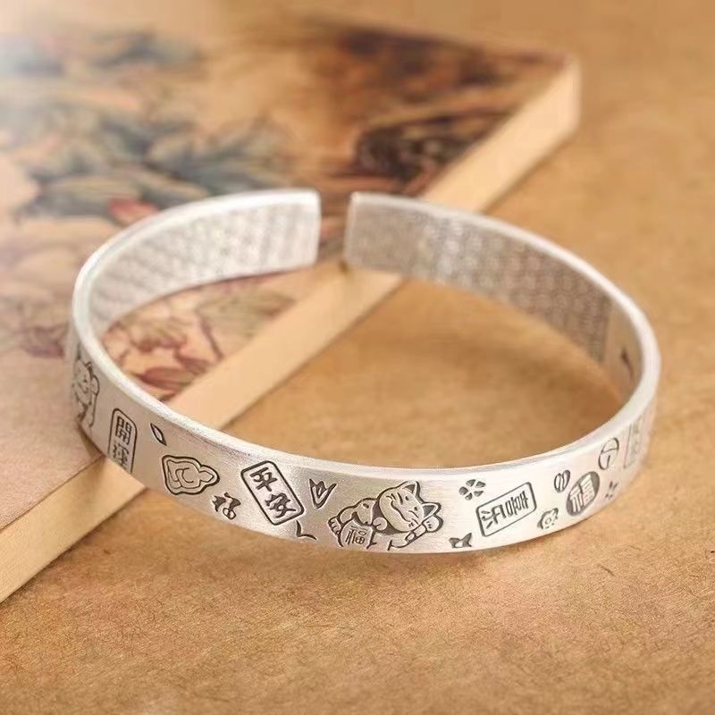 足银手镯 足银9999平安喜乐国风复古福字吉言开口百搭手镯情侣