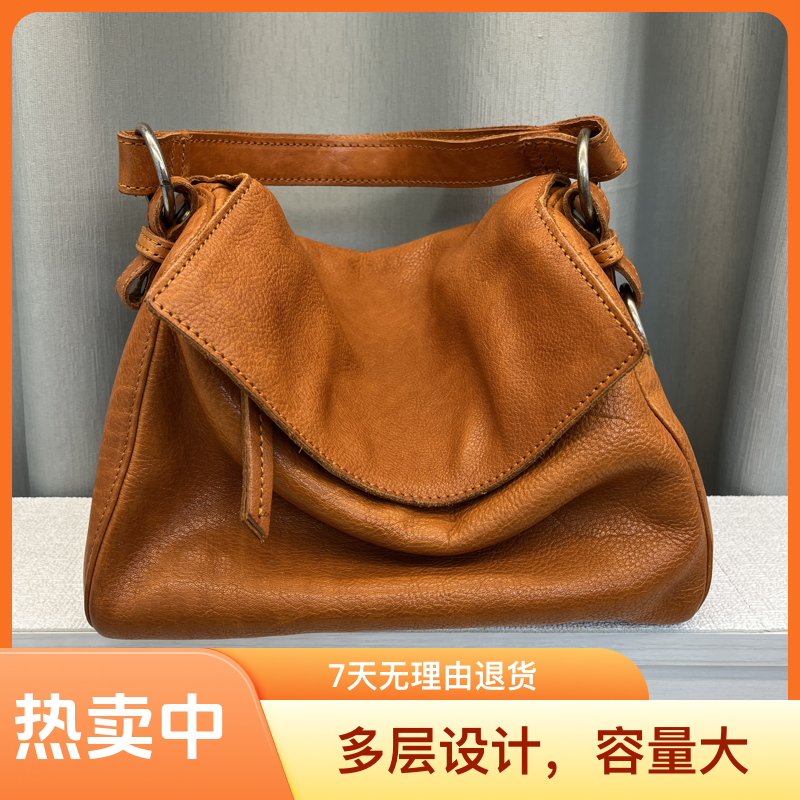 进口头层植鞣水洗牛皮手提单肩斜挎包慵懒风真皮女包