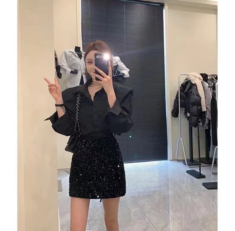 银灰色高腰亮片半身裙女秋冬新款A字裙短裙