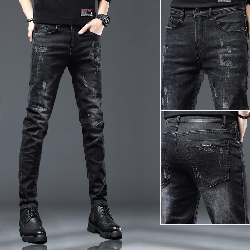 潮流秋冬季牛仔裤男弹力修身加绒休闲裤港风潮流黑色长裤男士