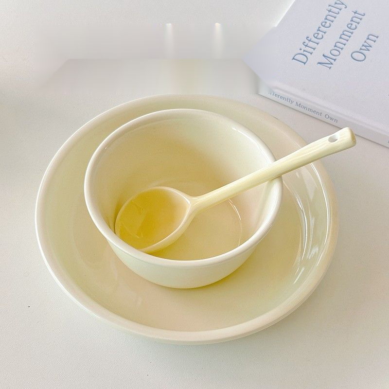 黄白色小碗碗陶瓷餐具家用ins创碗勺子摆件礼品