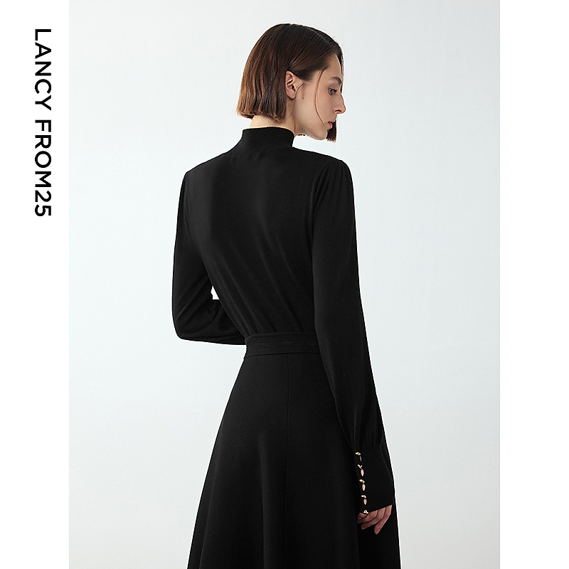 朗姿半高领复古灯笼袖纯羊毛毛针织衫冬季新款气质内搭上衣