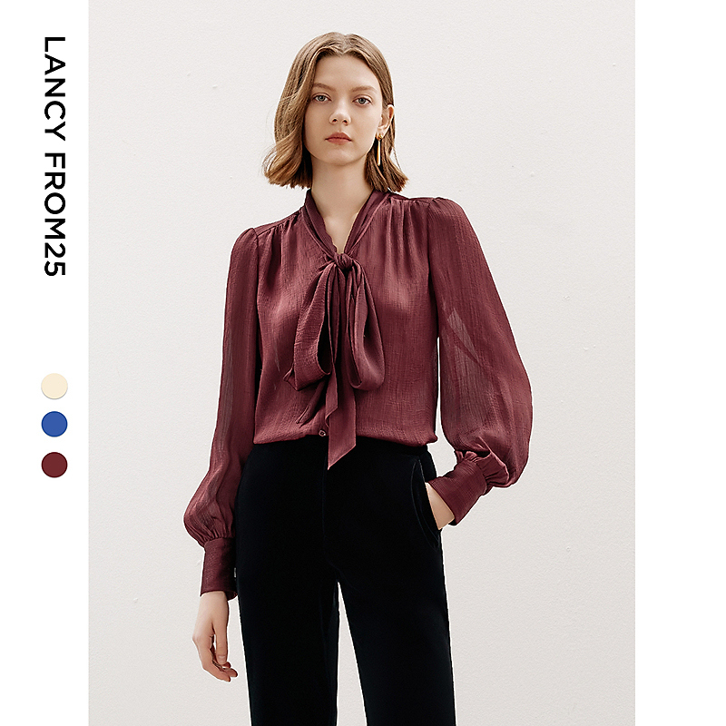 【朗姿Basic衣橱】朗姿复古法式长袖飘带领设计感衬衣衬衫