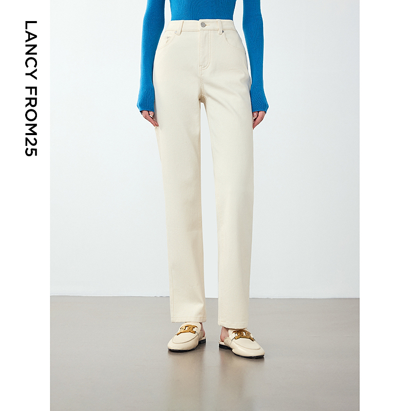朗姿高腰直筒修身气质高级感通勤复古长裤女24年冬季牛仔裤欧若风