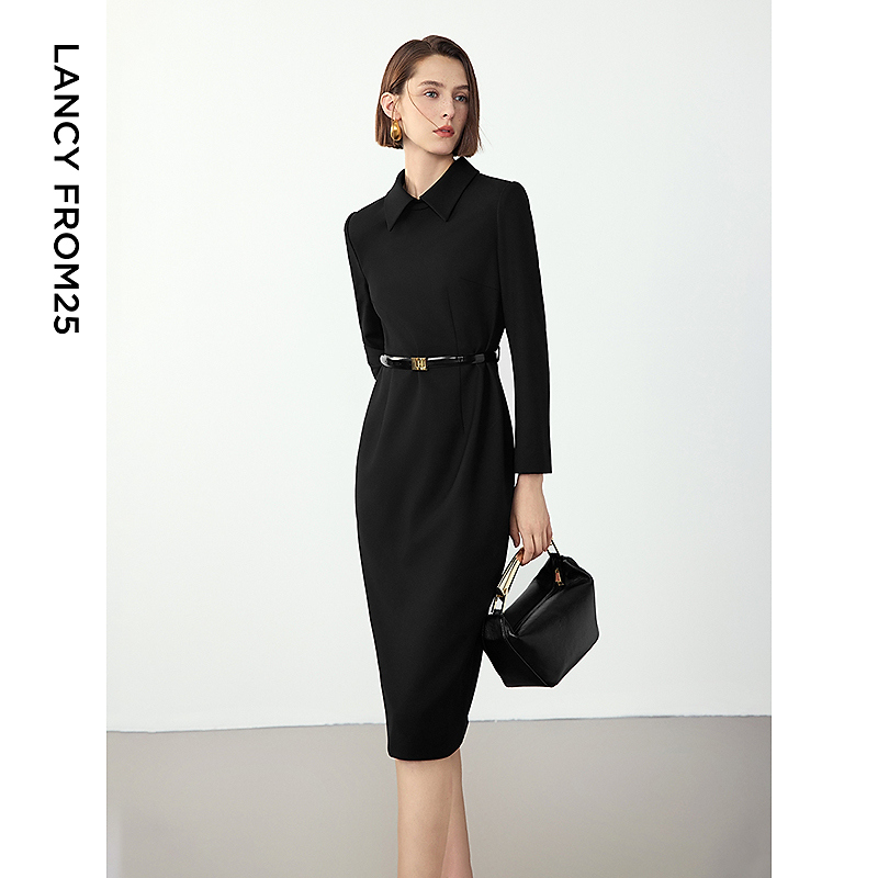 朗姿气质小黑裙2025年冬季新款设计感衬衫领收腰显瘦中长款连衣裙
