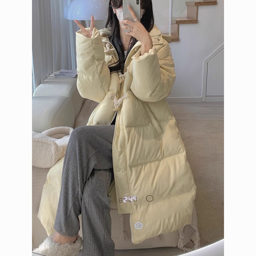 2023新款爆款羽绒服年牛角扣女中长款加厚白鸭绒大毛领连帽网红