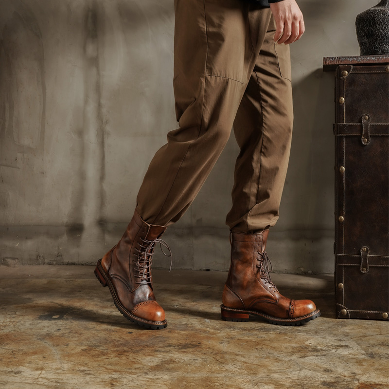 阿美咔叽复古马丁靴男士手工真皮英伦风高帮中筒皮靴机车靴骑士靴