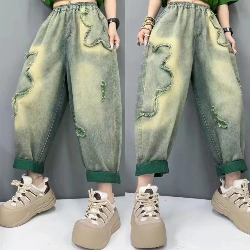 2024大码显瘦休闲百搭夏季宽松破洞老爹裤大码显瘦休闲百搭夏季
