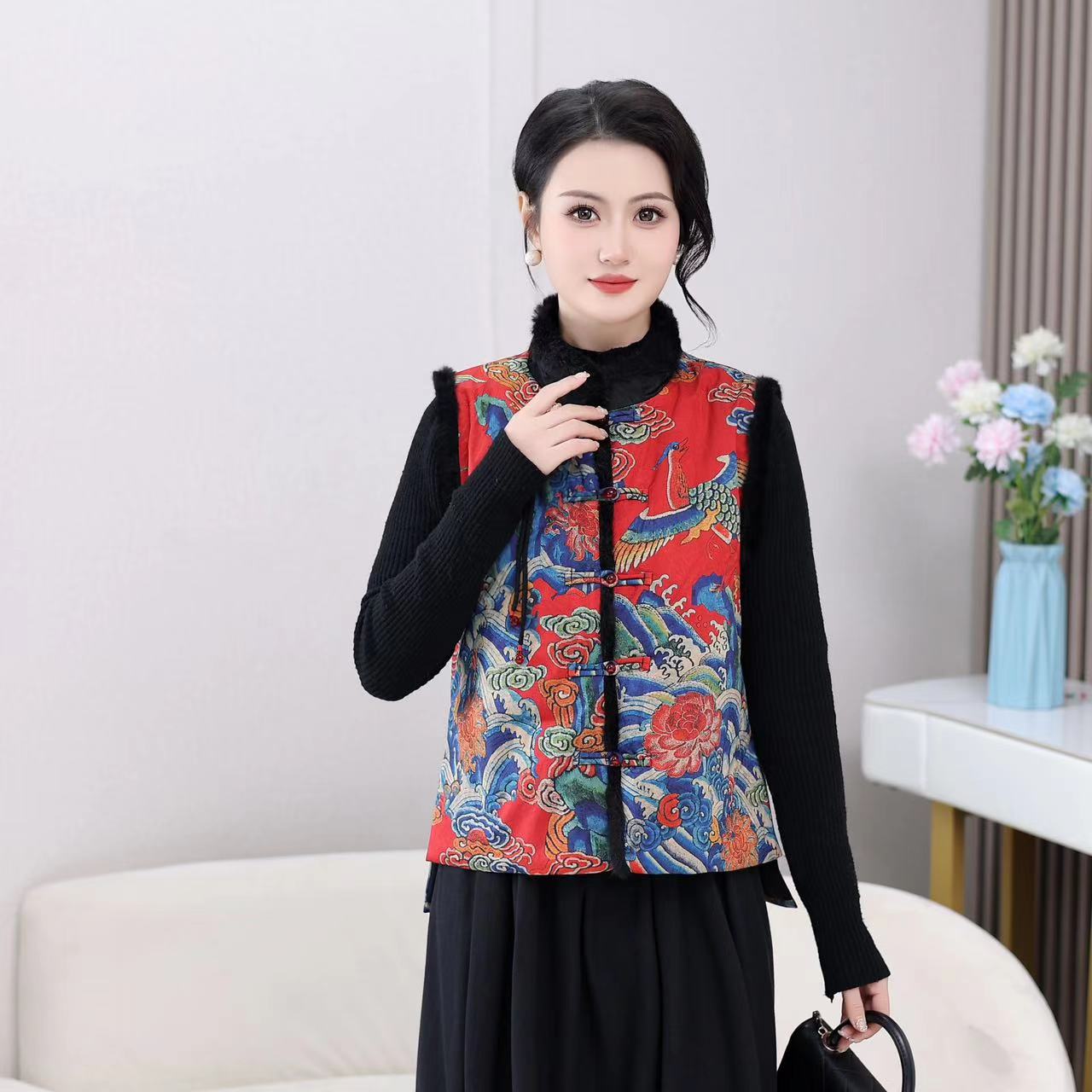 冬季新中式盘扣加棉加厚海浪刺绣马甲立领毛边民族风