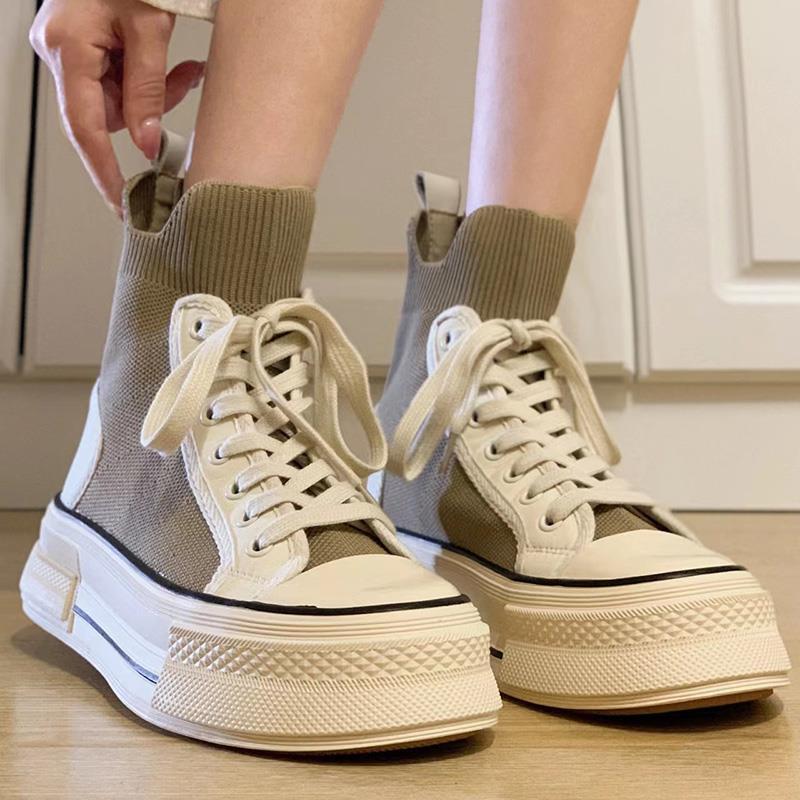 2024秋冬季新款厚底休闲板鞋高帮小个子增高系带学院风帆布鞋女潮