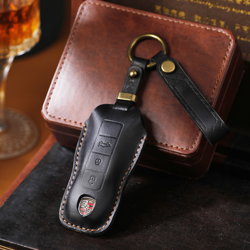 适用保时捷钥匙套纯手工真皮