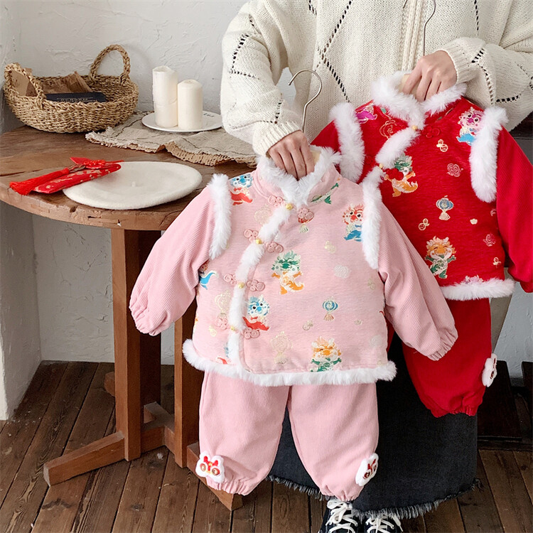 女童拜年服冬季夹棉加绒套装儿童加厚宝宝新年喜庆小童抓周岁礼服