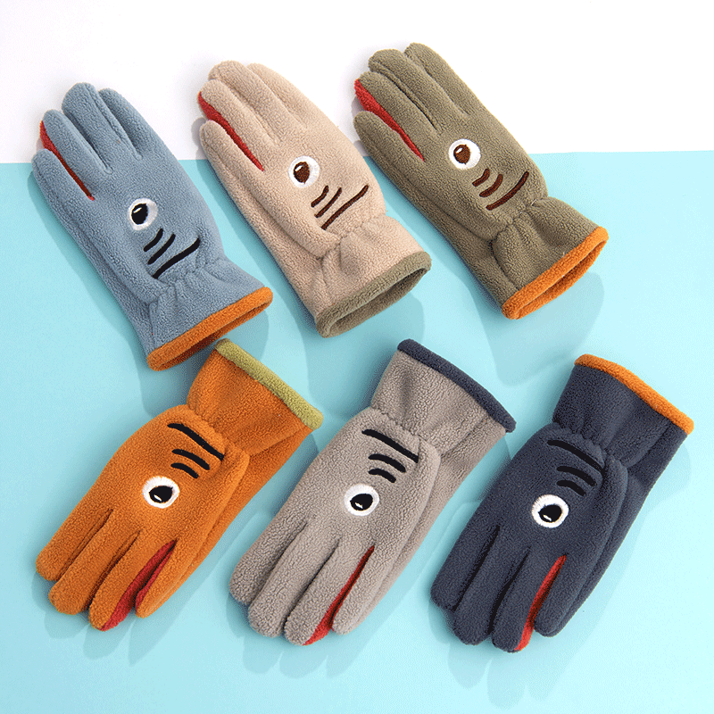 儿童鲨鱼手套秋冬季冬天户外保暖防风男孩子小学生五指棉卡通可爱