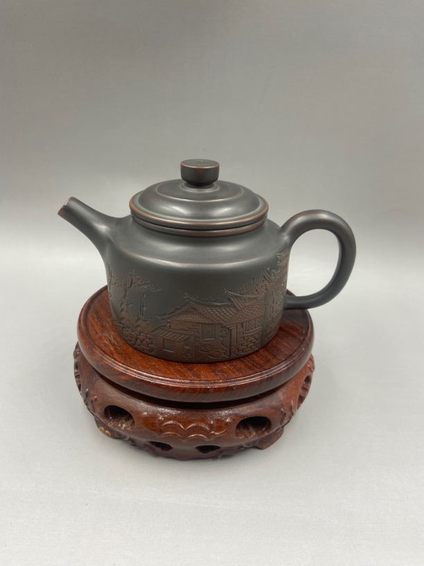 坭兴陶手工精品泡茶壶 德中壶 满浮雕楼阁 容量200cc