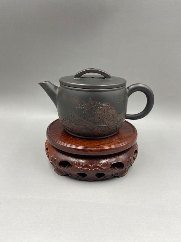 坭兴陶手工精品泡茶壶 剑流汉瓦壶 浮雕楼阁 容量200cc