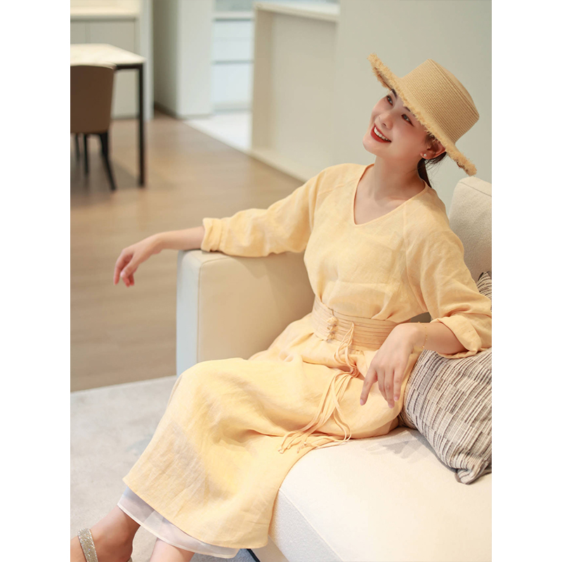 【抖音专属】V领连衣裙（23707310-栀子）