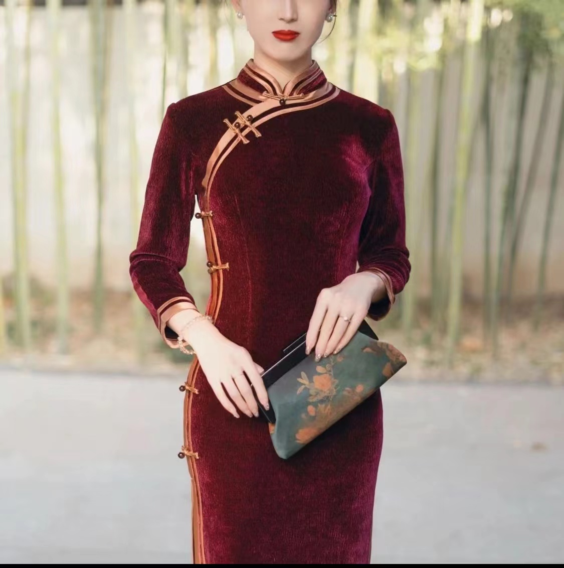 【酒红绒布】新款中国风修身复古优雅大方长款长袖旗袍