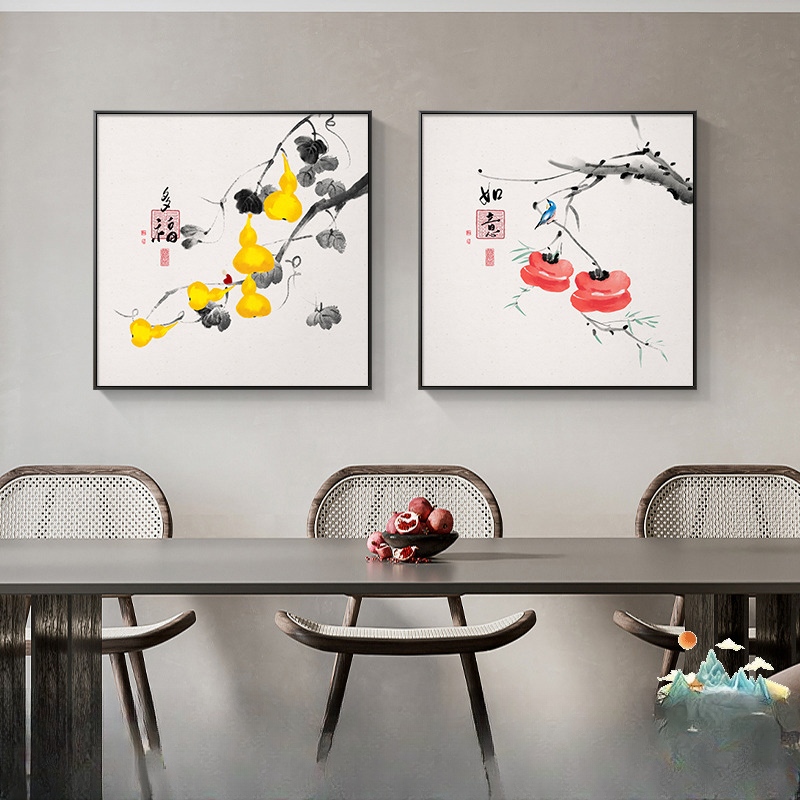 五福临门餐厅装饰画新中式柿子饭厅挂画门厅如意客厅背景餐厅挂画