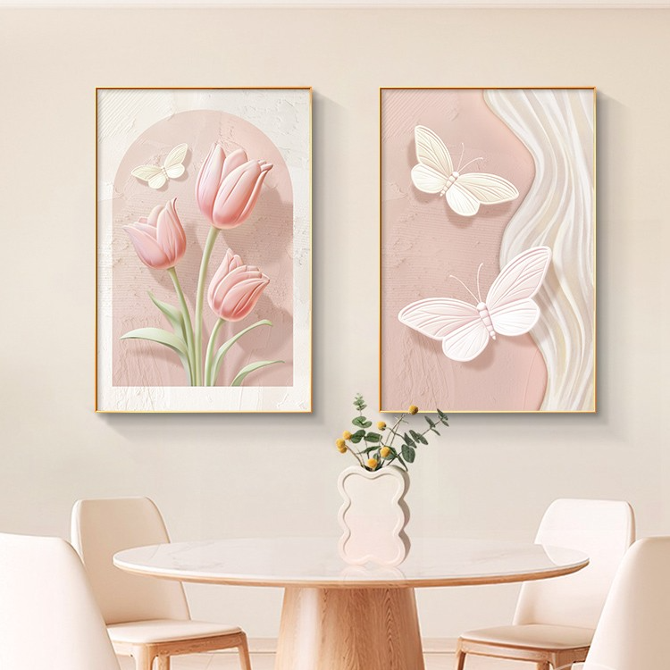 奶油风卧室装饰画郁金香浮雕画背景墙画两联挂画挂墙装饰品高级感