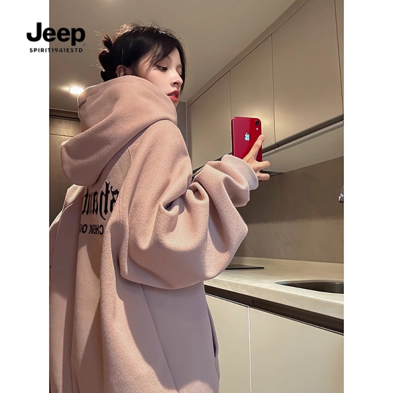 JEEP吉普脏粉色600重磅卫衣男款秋季硬挺廓形双层连帽外套情侣装