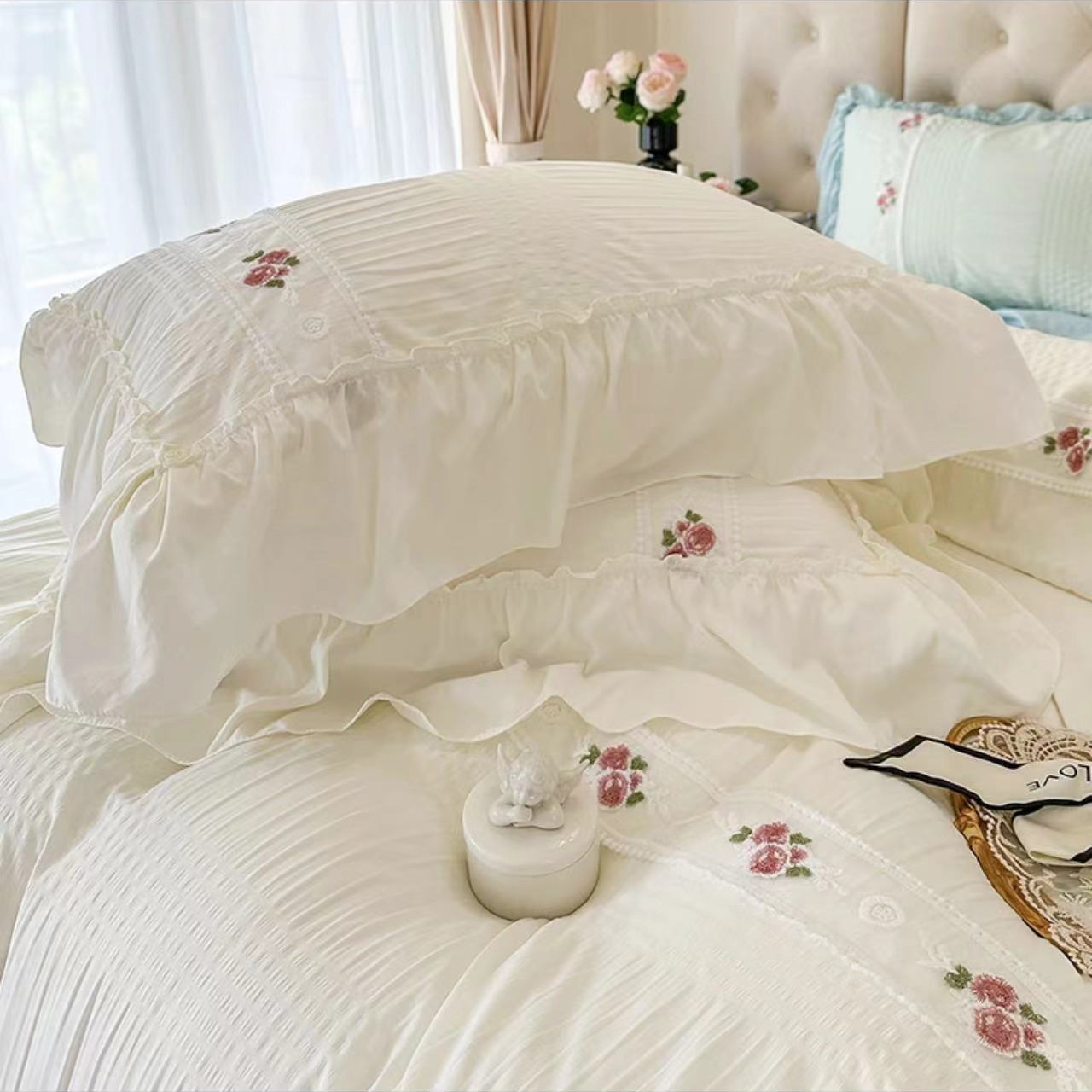 【新疆包邮】法式泡泡纱大花边被子四件套奶白色碎花韩式公主少女心